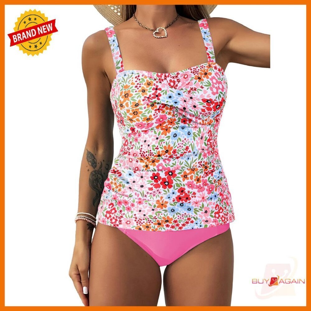 Tummy Control Tankini Swimsuit High Waisted Ruched Two Piece Polyester Spandex